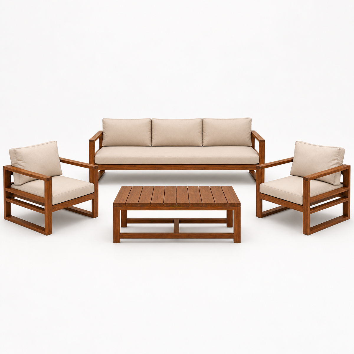 Celio Lounge Set: one sofa, two beige lounge chairs and one coffee table