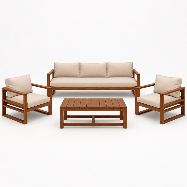 Celio Lounge Set: one sofa, two beige lounge chairs and one coffee table